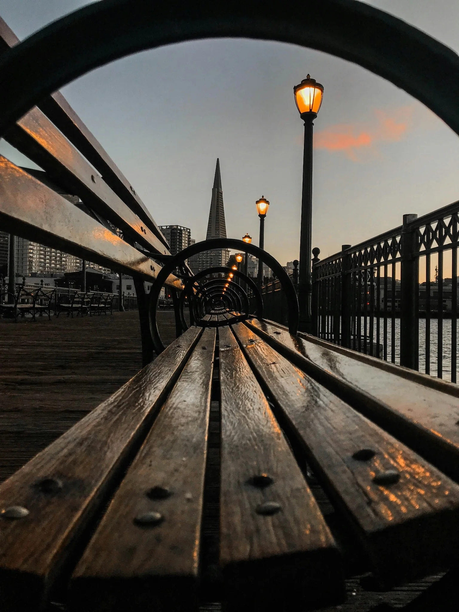 Long perspective along a waterfront bench and lights