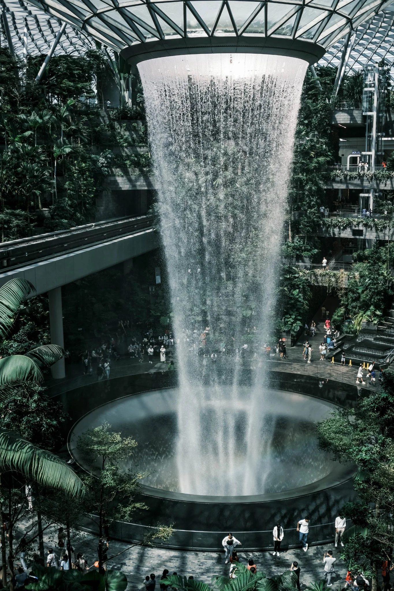 Indoor waterfall in a contemporary terminal